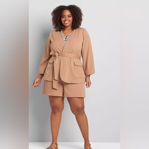 LANE BRYANT Office Preppy Brunch Camel Wrap Belted Blazer And Shorts Suit SZ 24